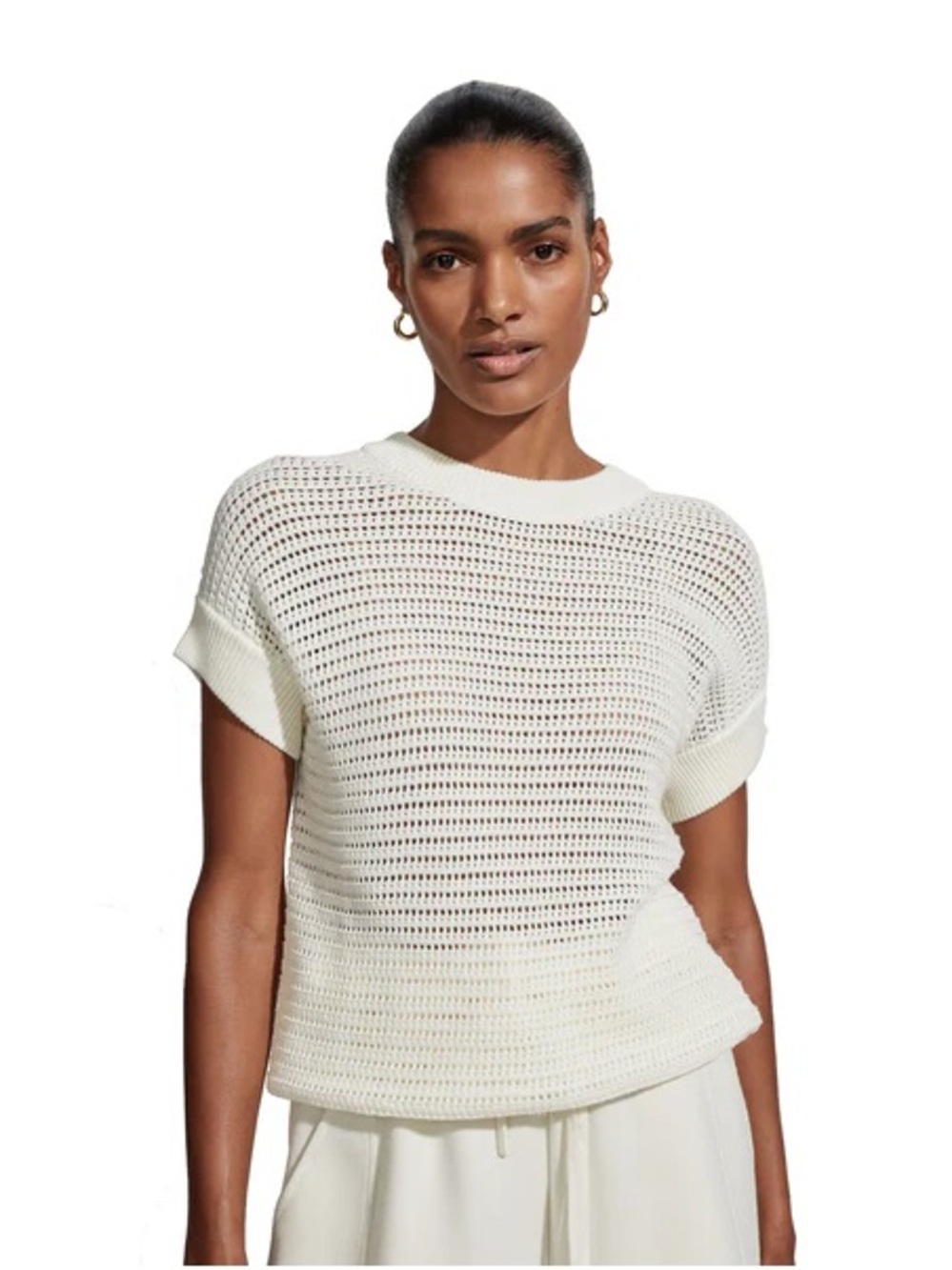 Varley White Open-Knit Short Sleeve Sweater